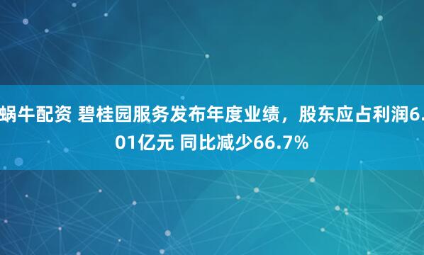 蜗牛配资 碧桂园服务发布年度业绩，股东应占利润6.01亿元 同比减少66.7%